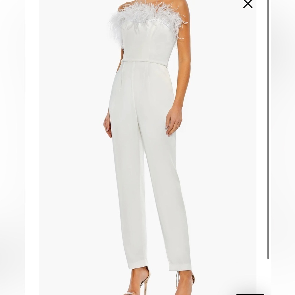Mac Duggal white jumpsuit with feathers